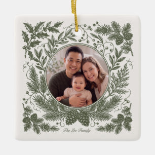 Vintage Botanical Two Photo Family - Green Ceramic Ornament