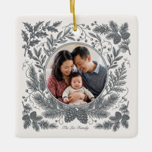Vintage Botanical Two Photo Family - Grey Ceramic Ornament