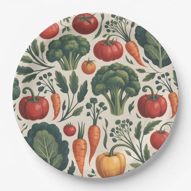 Vintage Botanical Vegetable Garden Pattern Paper Plate (Front)