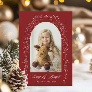 Vintage Botanical Vine Frame Photo Christmas Red Holiday Card