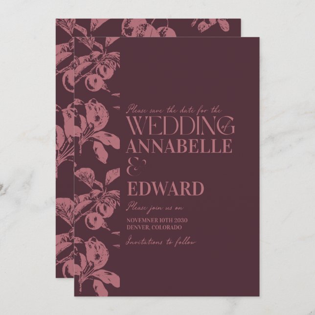 Vintage Botanical Wedding Plum Burgundy Invitation (Front/Back)