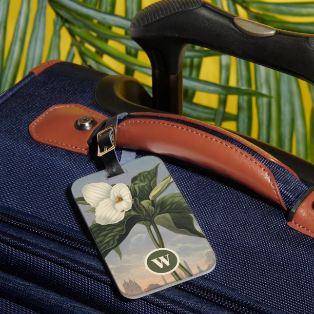 Vintage Botanical White Trillium Monogram Initial Luggage Tag (Front Insitu 1)