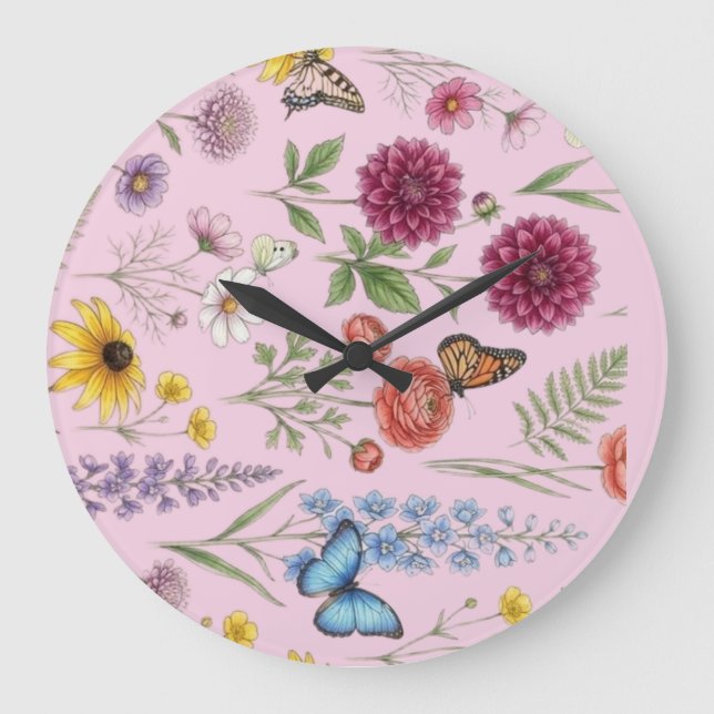 Vintage Botanical Wildflower & Butterfly Pattern Large Clock (Front)