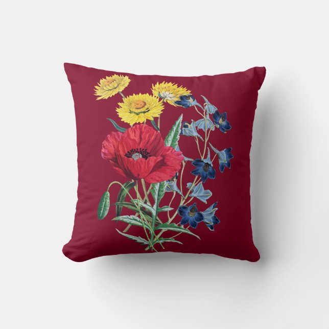Vintage Botanical Wildflowers Bouquet Burgundy Cushion (Front)