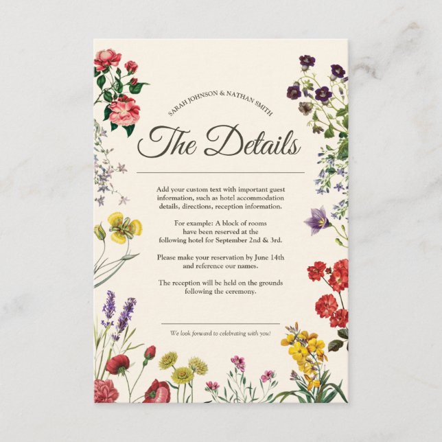 Vintage Botanical Wildflowers Wedding Details Info Enclosure Card (Front)