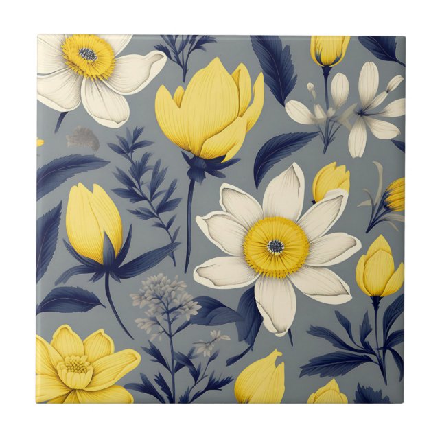 Vintage Botanical with Yellow Flower on Grey Tile (Front)