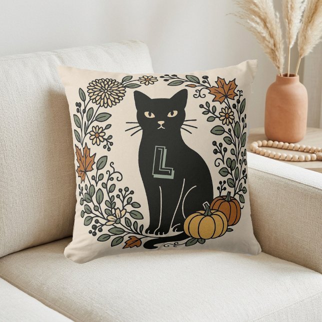 Vintage Botanicals Black Cat Monogram Fall Colours Cushion (Vintage Botanicals Black Cat Monogram Fall Colors Throw Pillow)