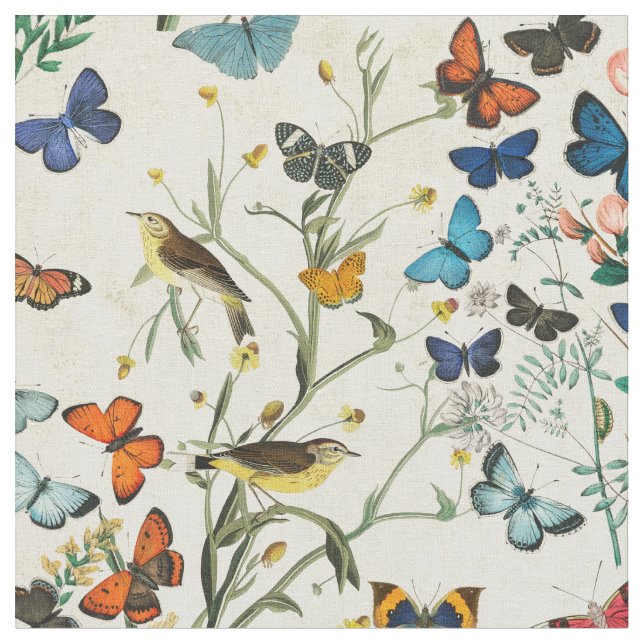 Vintage Botanicals Butterflies Ivory Fabric (Close Up)