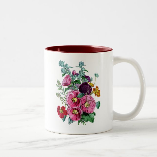 Vintage Botanicals Illustrations Hollyhocks Two-Tone Coffee Mug (Right)