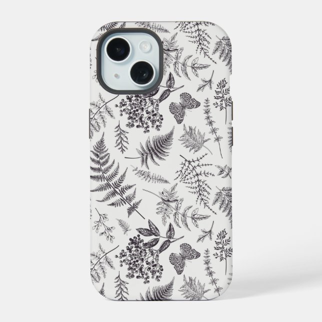 Vintage Botany & Butterfly Pattern iPhone 15 Case (Back)