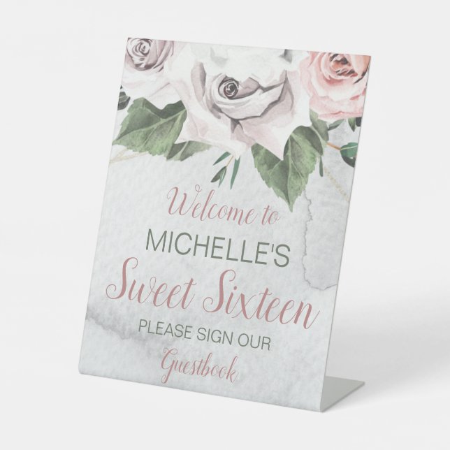 Vintage Bouquet Rose Sweet Sixteen Pedestal Sign (Front)