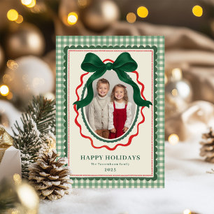 Vintage Bow Green Stripe Christmas Photo Holiday Card
