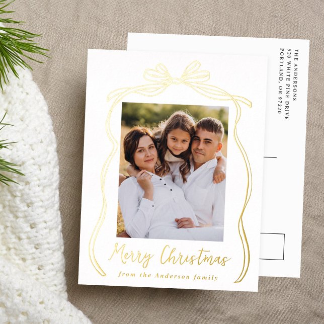 Vintage Bow Merry Christmas Photo Foil Holiday Postcard (Creator Uploaded)