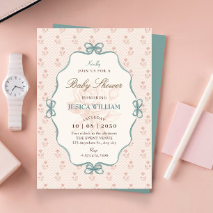 Vintage bow pastel blue pink baby shower  invitation