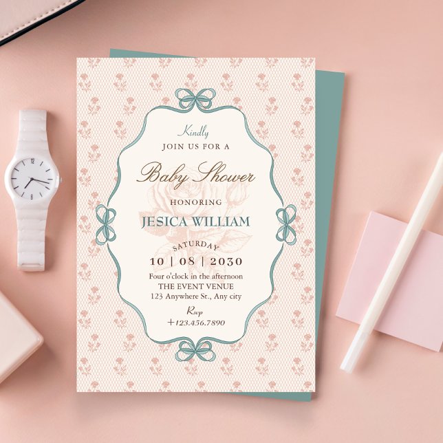 Vintage bow pastel blue pink baby shower  invitation (Creator Uploaded)