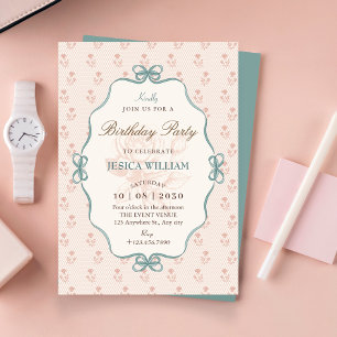 Vintage bow pastel blue pink birthday invitation