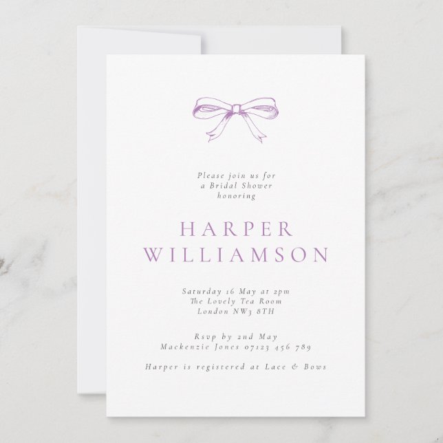 Vintage Bow Purple Bridal Shower Invitation (Front)