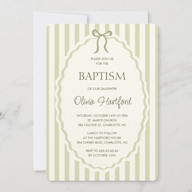 Vintage bow stripe pattern gender neutral baptism invitation (Front)