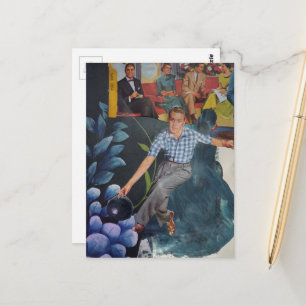 Vintage Bowling Man Mixed Media Collage Postcard