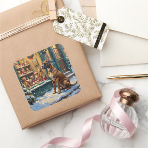 Vintage Boxer Dog at Christmas Toy Shop Window Square Sticker