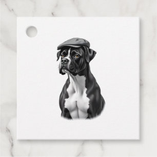 Vintage Boxer Dog in Cap Monochrome Graphic Illust Favour Tags