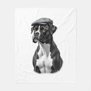 Vintage Boxer Dog in Cap Monochrome Graphic Illust Fleece Blanket