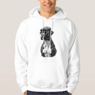 Vintage Boxer Dog in Cap Monochrome Graphic Illust Hoodie