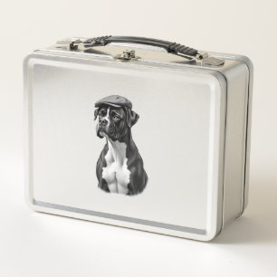 Vintage Boxer Dog in Cap Monochrome Graphic Illust Metal Lunch Box