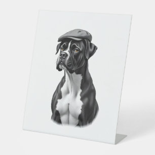 Vintage Boxer Dog in Cap Monochrome Graphic Illust Pedestal Sign