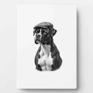 Vintage Boxer Dog in Cap Monochrome Graphic Illust Plaque