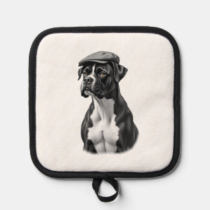 Vintage Boxer Dog in Cap Monochrome Graphic Illust Pot Holder