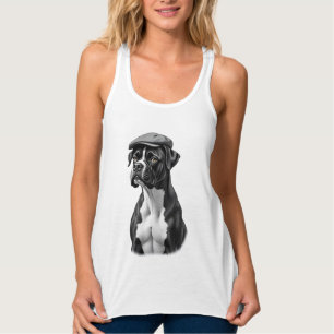 Vintage Boxer Dog in Cap Monochrome Graphic Illust Singlet