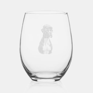 Vintage Boxer Dog in Cap Monochrome Graphic Illust Stemless Wine Glass