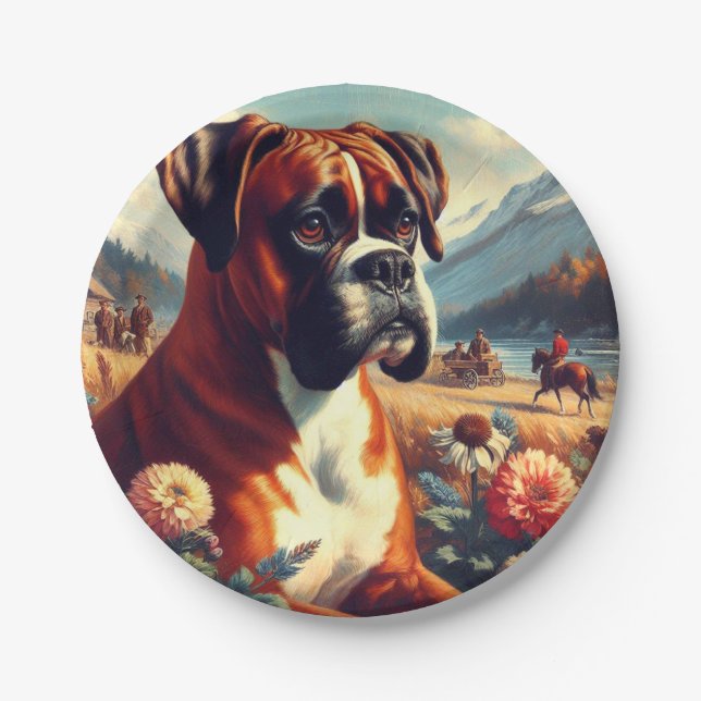 Vintage Boxer Dog Painting Paper Plate (Front)