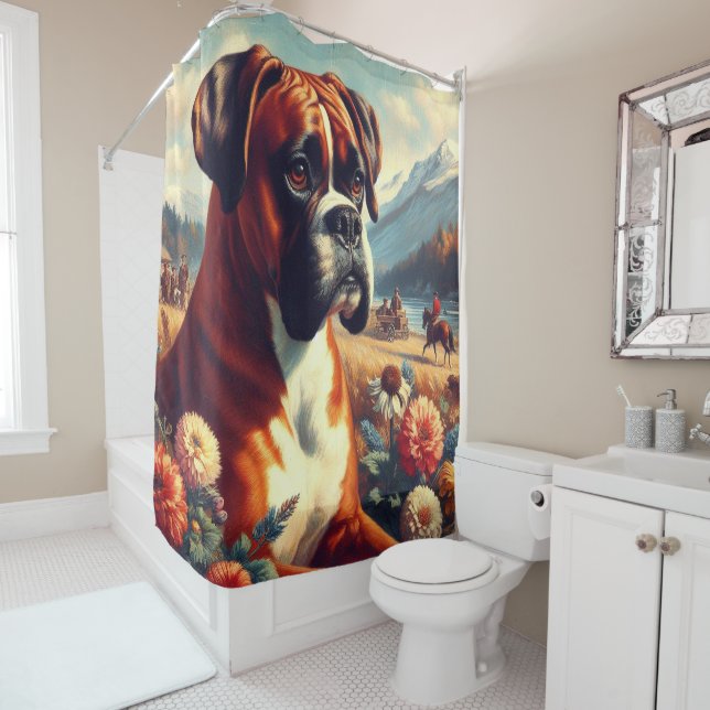 Vintage Boxer Dog Painting Shower Curtain (In Situ)