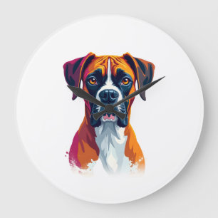 Vintage Boxer Dog Portrait Colour Splash Pop Art I Large Clock