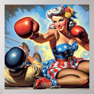 Vintage Boxing Girl Illustration Poster