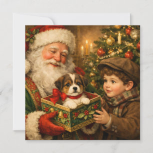 Vintage Boy and Santa Claus with Puppy  Holiday Card