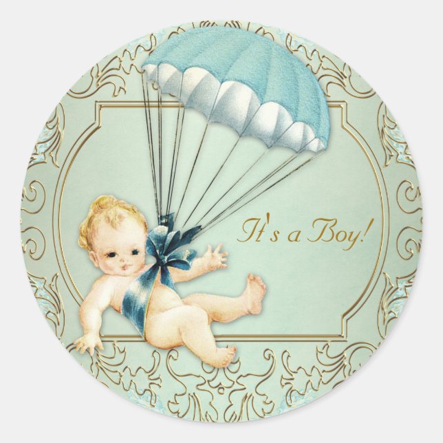 Vintage Boy Baby Shower Classic Round Sticker (Front)