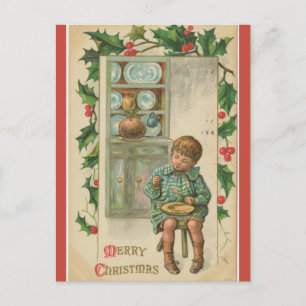 Vintage Boy Eating Plum Pudding Christmas Postcard