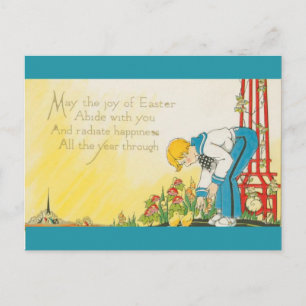 Vintage Boy Feeding Chicks Easter Postcard