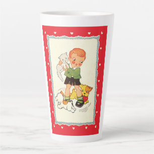 Vintage Boy Holding a Kitten with Racing Puppies Latte Mug