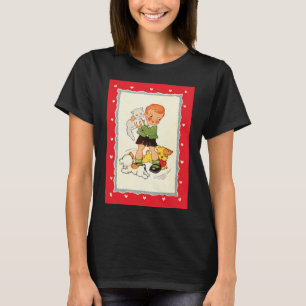 Vintage Boy Holding a Kitten with Racing Puppies T-Shirt