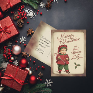 Vintage Boy In Santa Hat Candy Cane Holiday Postcard