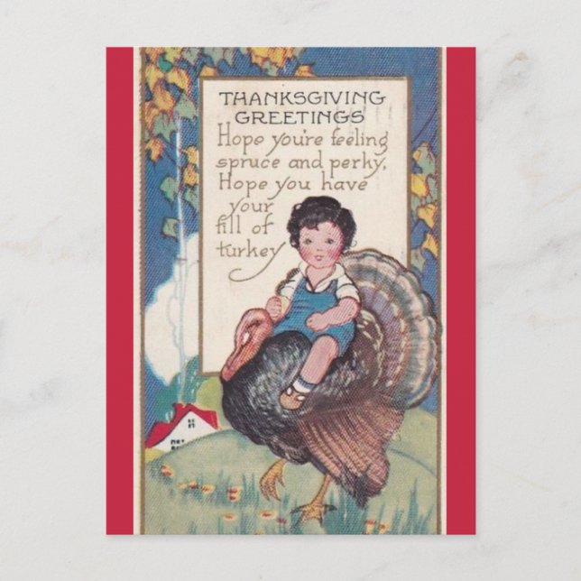 Vintage Boy on a Turkey Thanksgiving Postcard (Front)