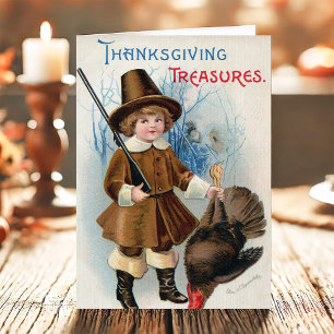 Vintage Boy Pilgrim And Turkey Thanksgiving Holiday Card