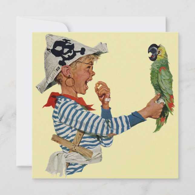 Vintage Boy Pirate Parrot, Child Birthday Party Invitation (Front)