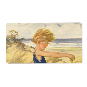 Vintage Boy Playing at the Beach with Sand Toys