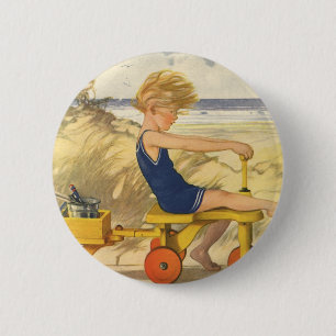 Vintage Boy Playing at the Beach with Sand Toys 6 Cm Round Badge