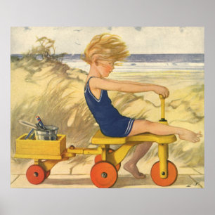 Vintage Boy Playing at the Beach with Sand Toys Poster